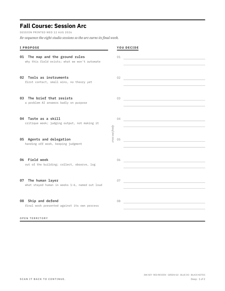 A worksheet with eight machine-proposed course sessions on the left and empty ruled slots on the right